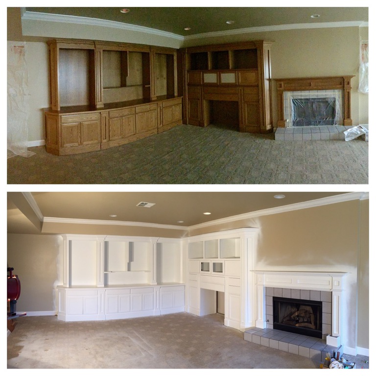 Before and after of oak built-in cabinets and fireplace mantel refinished in white by Talbot Painting in Redding