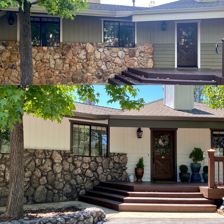 Before and after exterior painting in Redding, sage green house repainted white with dark trim and restained porch steps